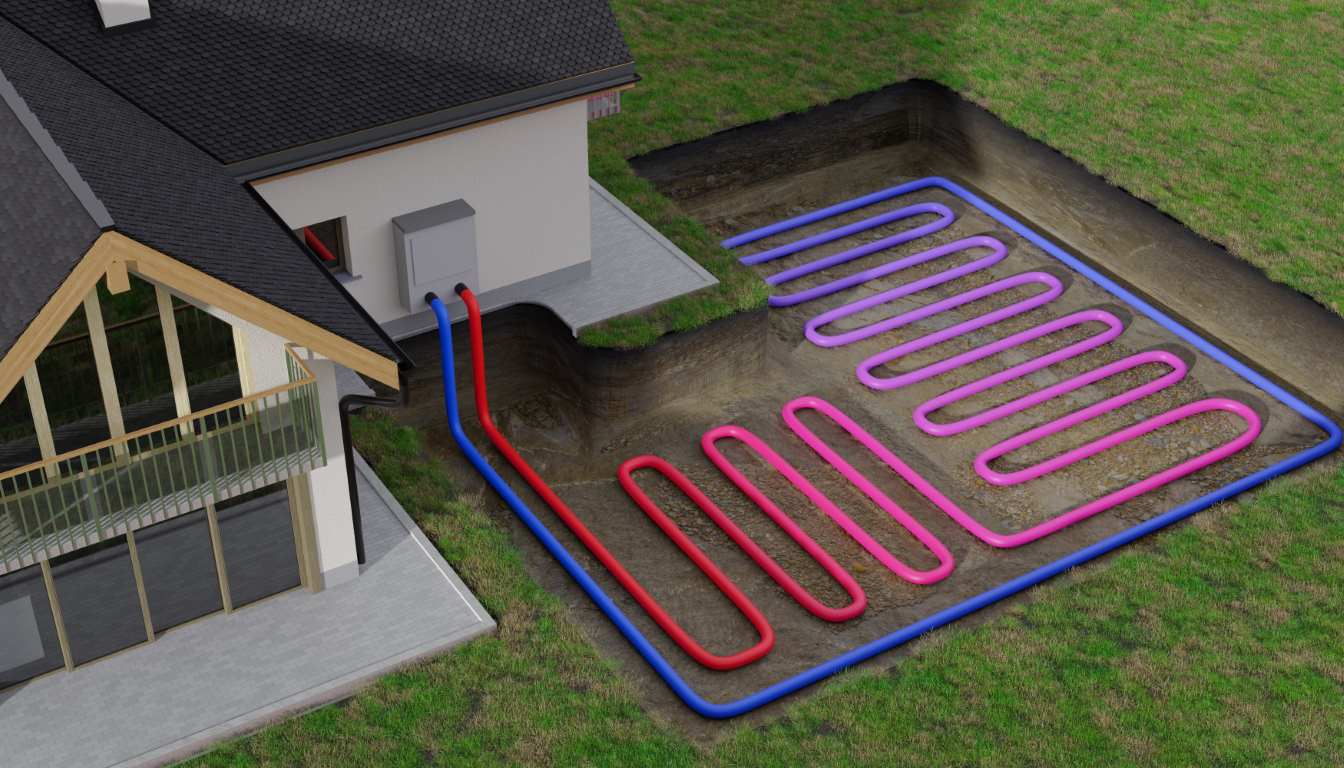 Horizontal Ground Source Heat Pump System For Heating Home With Geothermal Energy.